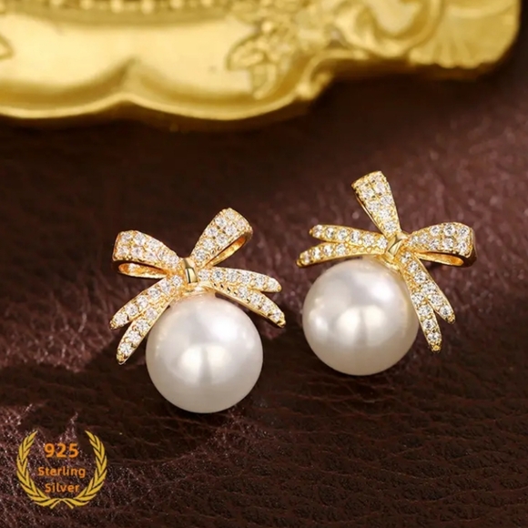 Rhinestone Pearl Bow Earrings - Picture 3 of 5